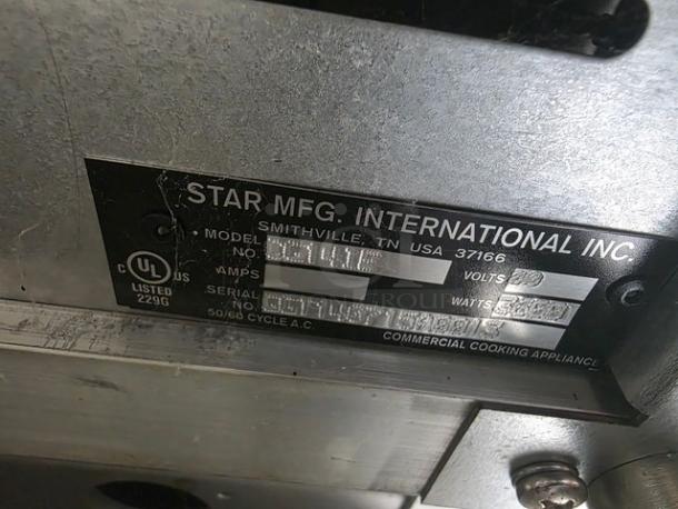 Star CG14IE single commercial panini press label, showing model, serial number, and specifications from Star Mfg. International Inc.