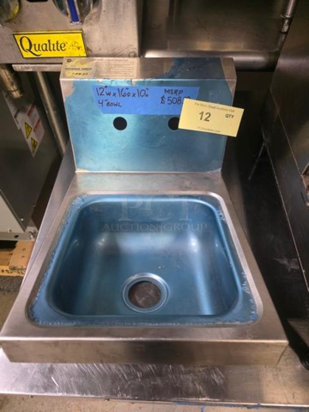 Advance Tabco 7-PS-23 stainless steel hand sink, 4" bowl, new condition, 12"x16"x10", MSRP $508 tag visible.
