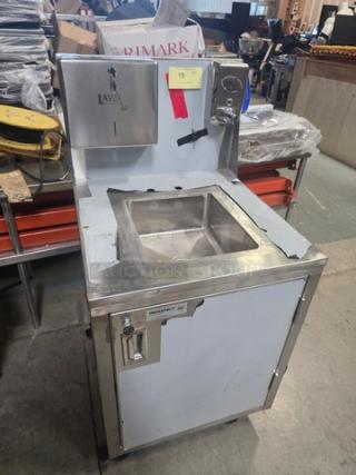 Regency 600PHS24HC portable hand sink cart, single bowl, stainless steel, hot/cold water, used condition, visible markings.