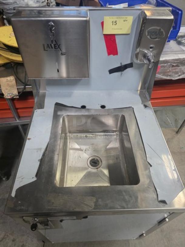 Regency Space Saver Single Bowl Hot and Cold Portable Hand Sink Cart, model 600PHS24HC, stainless steel, used condition.