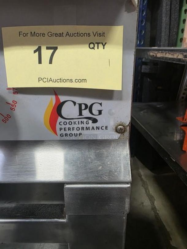 CPG 36" gas countertop griddle on Regency stainless steel open base stand, visible logo and auction label, used condition.