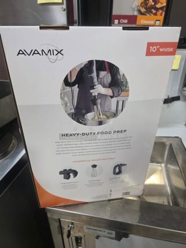 Avamix Commercial Immersion Blender box, showing 10" whisk attachment and heavy-duty food prep features.