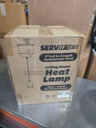 Serv It Ceiling Mount Heat Lamp box, 120V, 250W, featuring 8' cut to length suspension cord, 10" round dome.