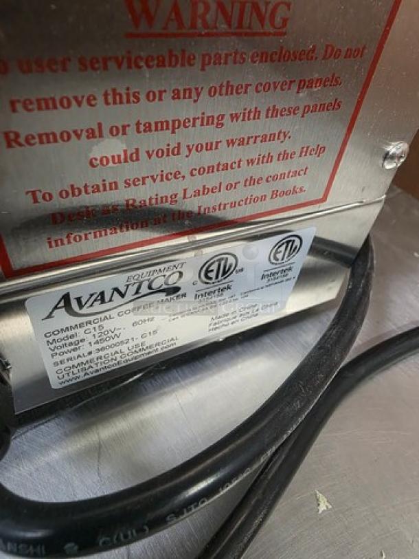 Avantco C15 Pourover Airpot Coffee Brewer, 120V, 1,450W; product label and warnings visible.
