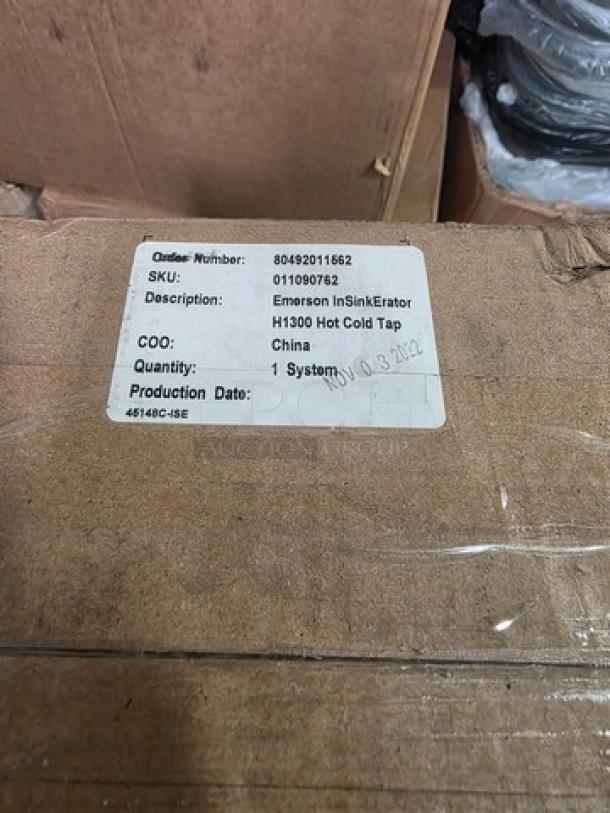 Emerson InSinkErator H1300 Hot & Cold Water Dispenser box, SKU 011090762, made in China. Production date: Nov 3, 2022.