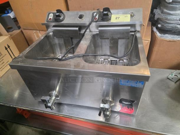 Vollrath Countertop Fryer FFA8130, dual basin, 220V, 60Hz, stainless steel, used, control knobs, power cords visible.