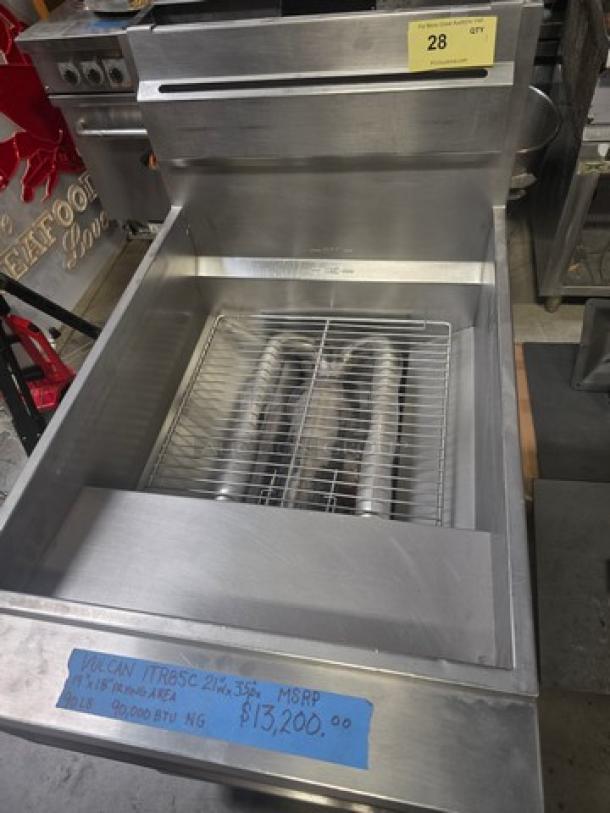 Vulcan 1TR85C-1 PowerFry3 floor fryer, 85-90 lb capacity, computer controls, 90,000 BTU, stainless steel, excellent condition.