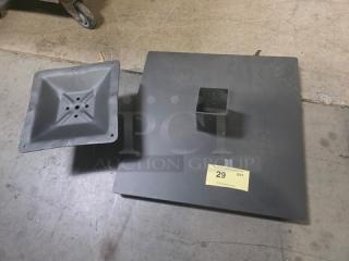 Square metal table base and spider plate, steel construction, with a welded center post. Tag labeled "29 QTY". Used condition.