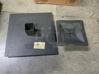 Black metal table base spider and plate set, square design, includes labeled paper "30 CTY Production Resource Group," suitable for sturdy furniture support.