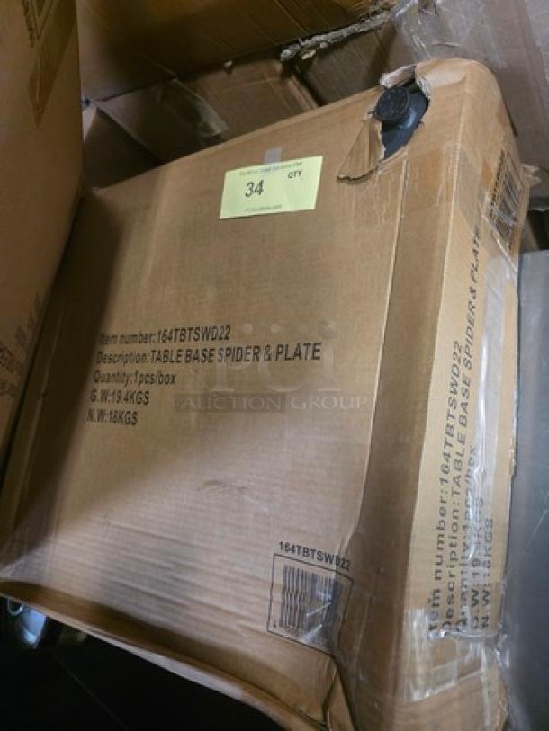 Cardboard box labeled "Table Base Spider & Plate," item number 164TBSPW02, 1 pc/box, weight 19.4kg gross, 18kg net.