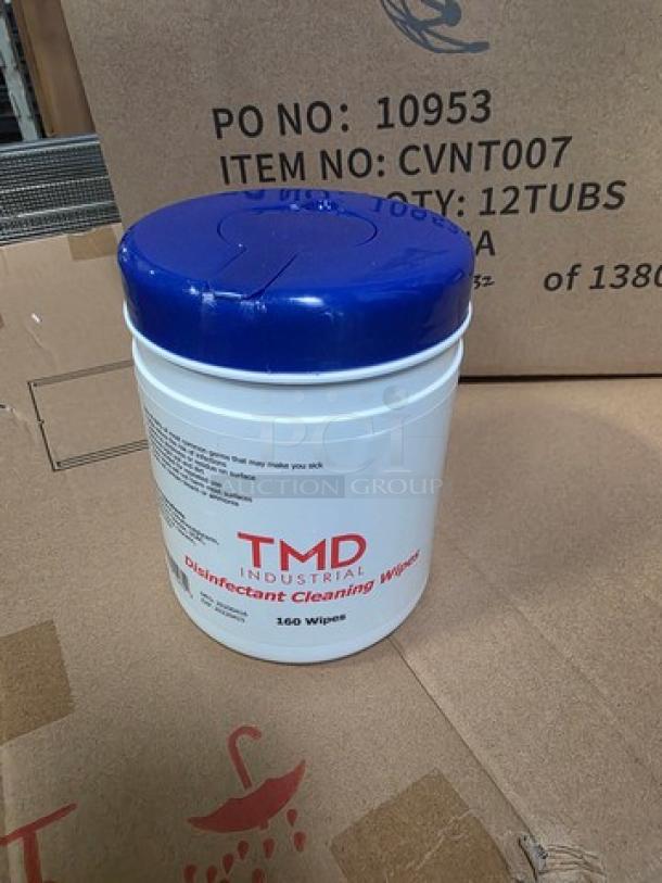 Lot of 10 boxes of TMD Industrial Disinfectant Cleaning Wipes, 160 wipes per tub, new condition, model CVNT007.