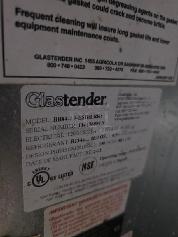 Glastender BB84-L1-BSH refrigerated bar cooler label, showing model info, serial number, electrical specs, and certification marks.