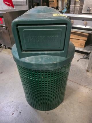Green outdoor trash receptacle with perforated design, featuring a top flap labeled "Thank You." Used but good condition.