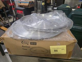 Lot of 6 aluminum pot covers by Choice, 200 Qt. capacity, new condition in original packaging. Box labeled "6/Case PEO."