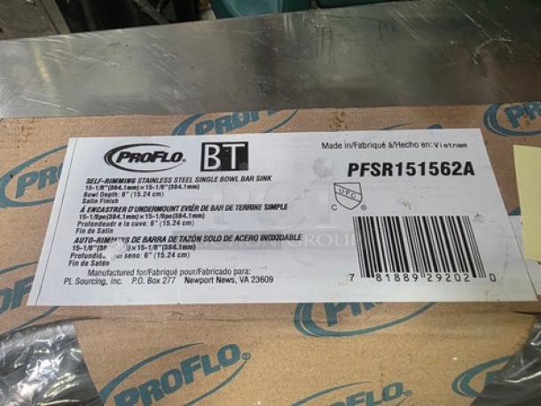 Proflo PFSR151562A self-rimming stainless steel single bowl bar sink, new condition, box label visible.
