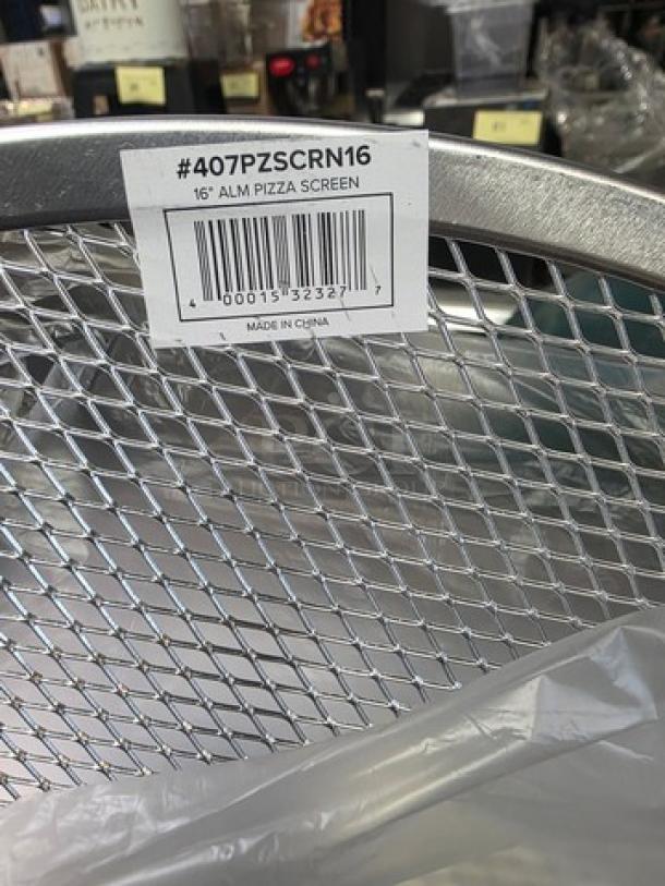 Lot of 12 aluminum 16" pizza screens, mesh design, model #407PZSCRN16. Barcode and "Made in China" label visible.
