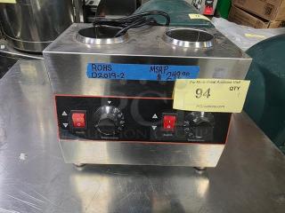 Electric Chocolate Sauce Warmer, Rohs D2019-2, features dual heating wells, adjustable temperature controls, used condition.