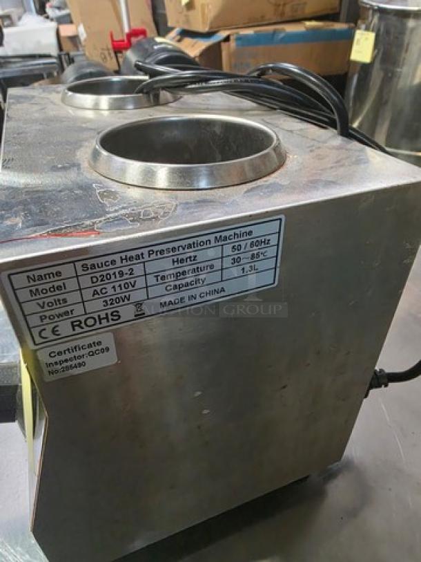 Electric Chocolate Sauce Warmer, Rohs D2019-2 model, stainless steel, 1.5L capacity, 320W, temperature 30-85°C, used condition.