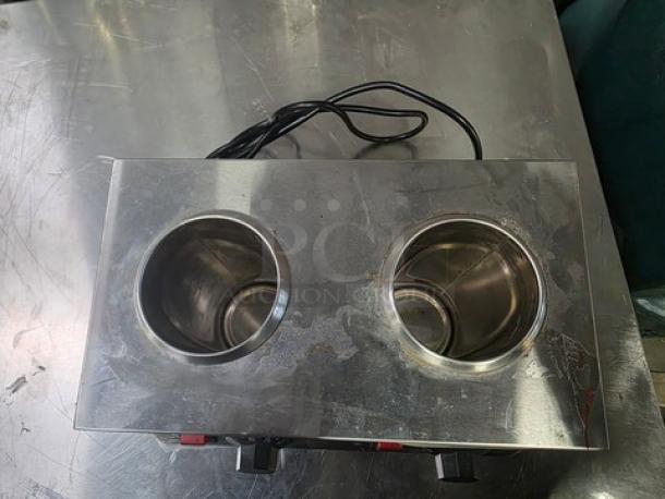 Rohs D2019-2 electric chocolate sauce warmer with two warming wells, stainless steel finish, gently used condition.