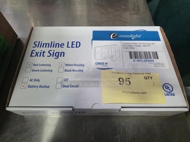Slimline LED EXIT Sign in box, E-conolight brand, red and green lettering options, UL-listed, model E-XPL2RBW.