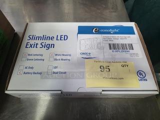 Slimline LED EXIT Sign in box, E-conolight brand, red and green lettering options, UL-listed, model E-XPL2RBW.