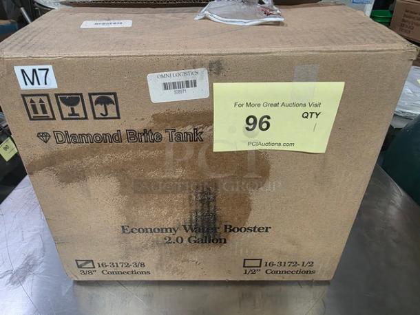 Brown box labeled "Diamond Brite Tank Economy Water Booster 2.0 Gallon" with auction sticker, McCann's MTJ model.