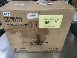 Brown box labeled "Diamond Brite Tank Economy Water Booster 2.0 Gallon" with auction sticker, McCann's MTJ model.