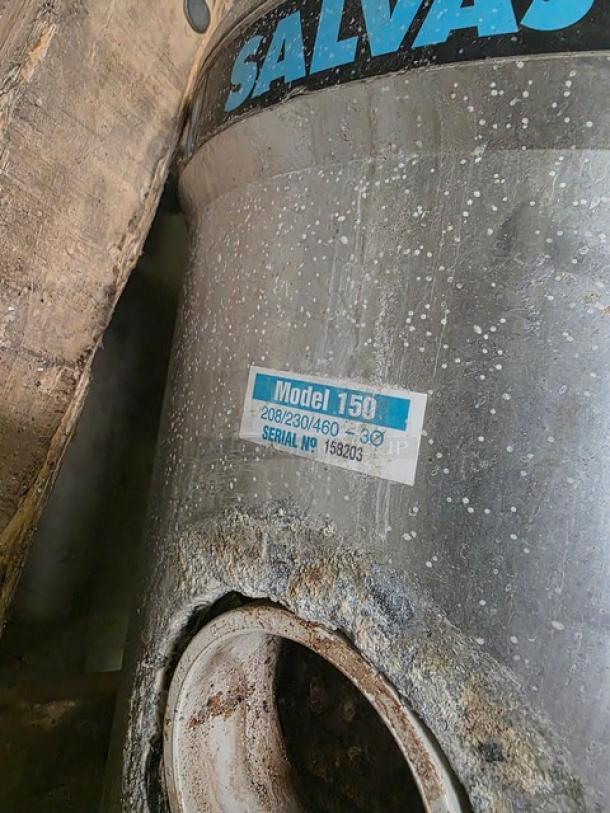 Salvajor Model 150 commercial food waste disposal, visible label with model, power ratings, and serial number. Used condition.