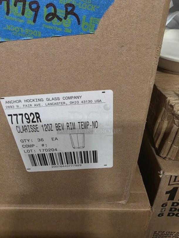 5 boxes of Anchor Hocking 12 oz Clarisse Beverage Glasses, model 77792R, rim-tempered, new in original packaging.