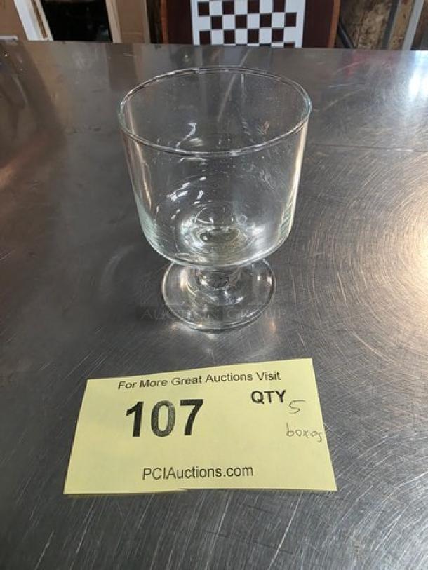 Lexington 3547 7 oz rocks glass on display, note in front indicating 5 boxes available, item number 107.