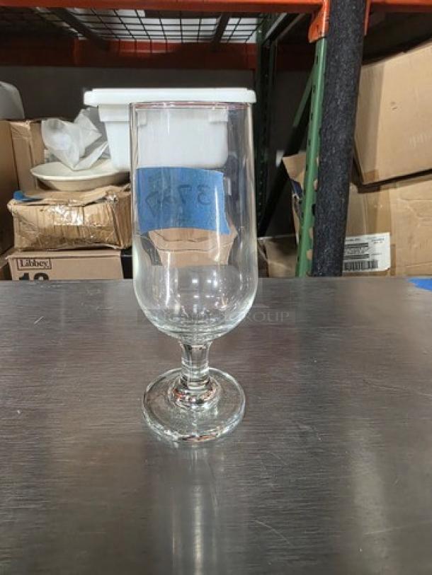 Libbey 3727 Embassy 10oz beer glass on table, pristine condition. One of 24 glasses from 2 boxes.