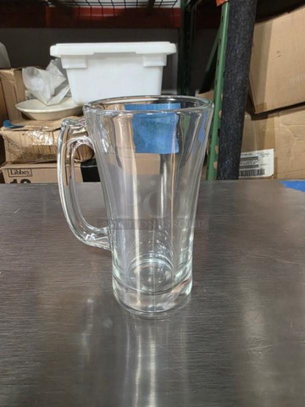Two boxes of Libbey 5202 glass beer mugs, each 10 oz, clear glass with sturdy handle, new condition.