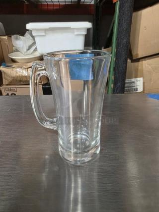 Two boxes of Libbey 5202 glass beer mugs, each 10 oz, clear glass with sturdy handle, new condition.