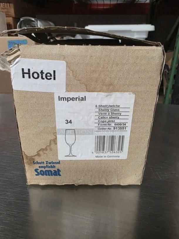 Box of Schott Zwiesel Imperial Sherry Glasses, set of 6, model 6400/34, labeled with "Hotel" and "Made in Germany."