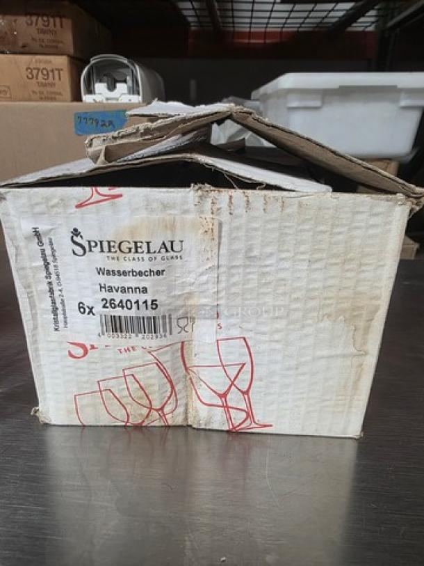 Box of Spiegelau Havanna water tumbler glasses, 6 oz, model 2640115. Box shows signs of wear. Contains six glasses.