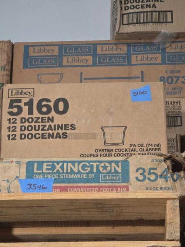 Box of Libbey 5160 2½ oz oyster cocktail glasses, 12 dozen. Marked for cocktail use, new in packaging.