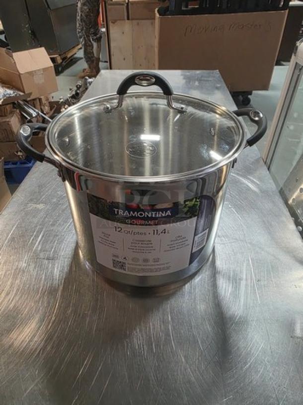 Tramontina Gourmet 12 qt stock pot with glass lid, stainless steel, ergonomic handles, new condition, kitchenware.