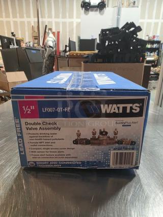 Watts ½" Double Check Valve Assembly, model LF007-QT-FZ, in unopened box. Features lead-free construction and SentryPlus Alert.