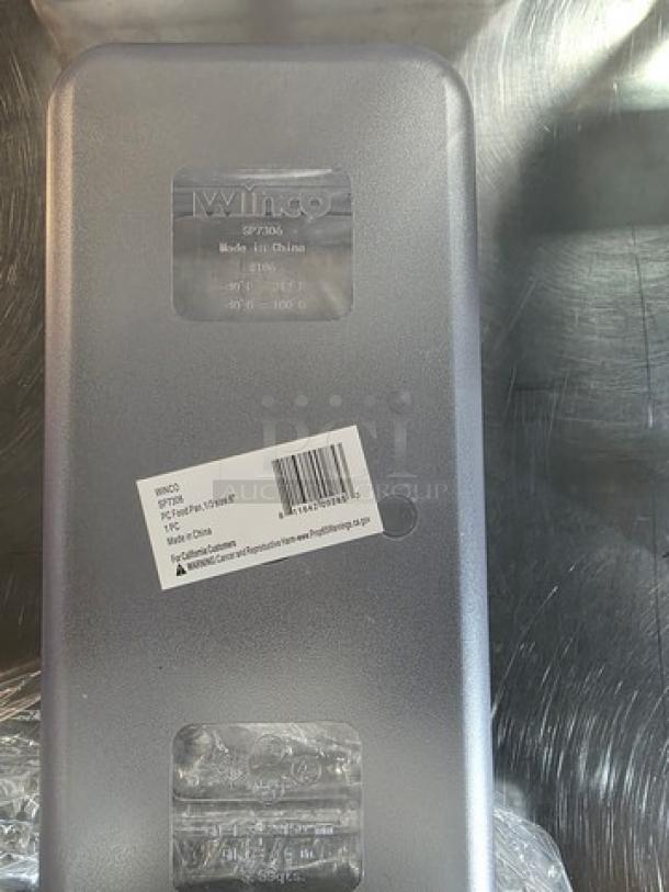Lot of 10 Winco plastic food pans, model SP7106, shown in new condition. Labels indicate size and NSF certification.