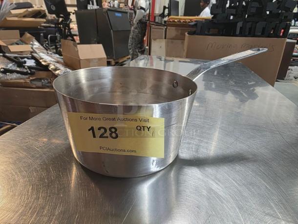 Vollrath sauce pan, stainless steel, long handle, auction tag "128" visible, used condition, ideal for cooking.