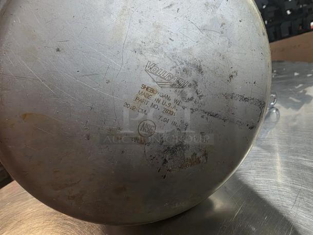 Vollrath sauce pan, stainless steel, 20.2 cm diameter, shows signs of use. Markings: Made in USA, Part No. 72931, NSF-certified.