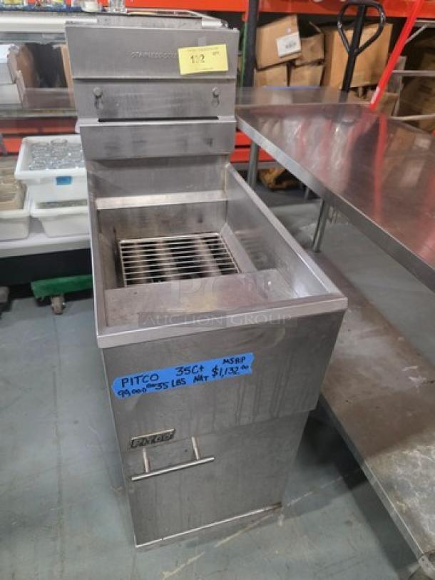 Pitco Natural Gas Floor Fryer, Model 35C+, 35lbs, 90,000 BTU. Stainless steel, used condition. Marked with pricing details.