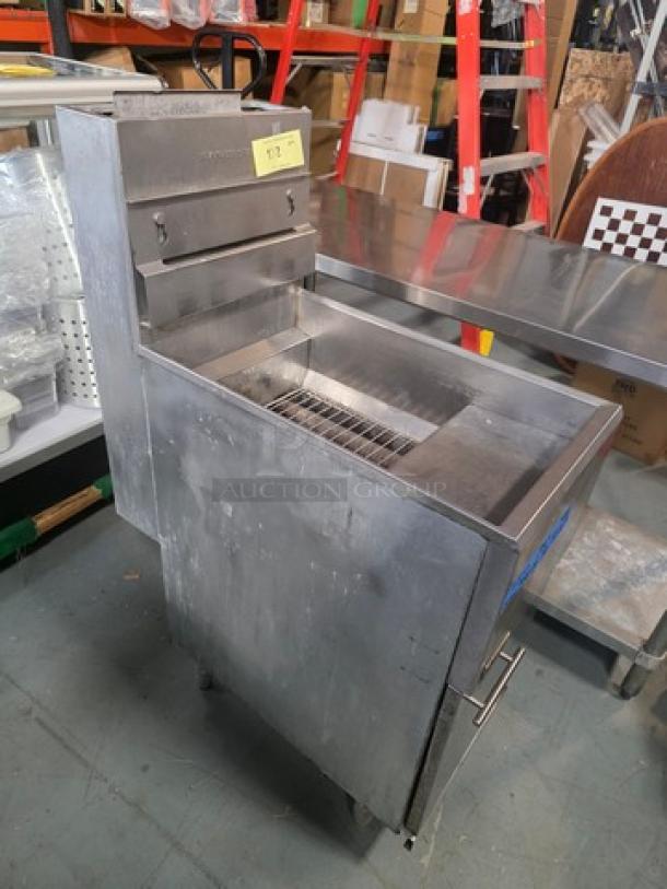 Pitco Natural Gas Floor Fryer, Model 35C+, 35lbs capacity, 90,000 BTU, stainless steel, used condition, visible wear.