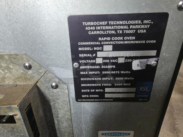 TurboChef NGC Tornado electric counter cook oven, 208/240V, ventless, model NGC, serial number visible, NSF certified.