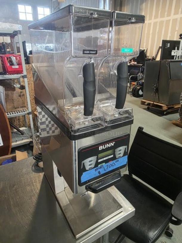 Bunn MHG Multi-Hopper Coffee Grinder & Storage System, stainless steel, dual hoppers, labeled "Dark Roast," good condition.