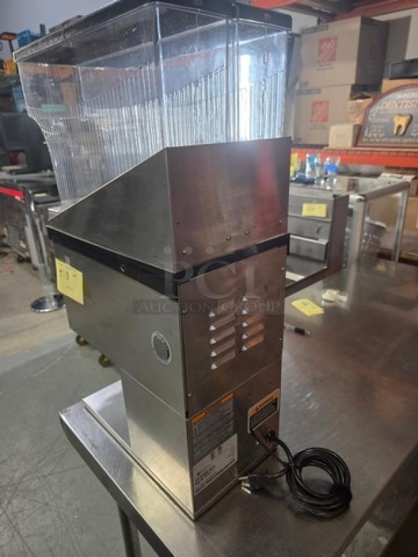 Bunn MHG Multi-Hopper Coffee Grinder & Storage System, stainless steel, clear hopper, power cord attached, model label visible.