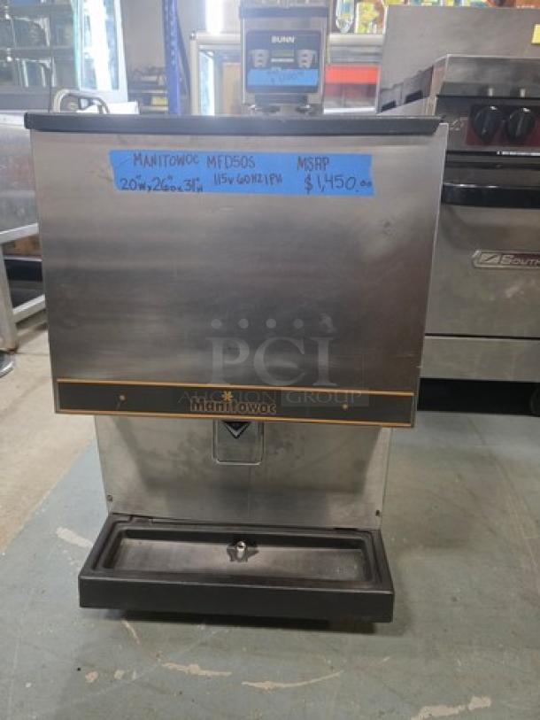 Manitowoc MFD50S ice cube dispenser, stainless steel finish, model MFD50S, 115V, 60Hz, 1 PH, with visible pricing label.