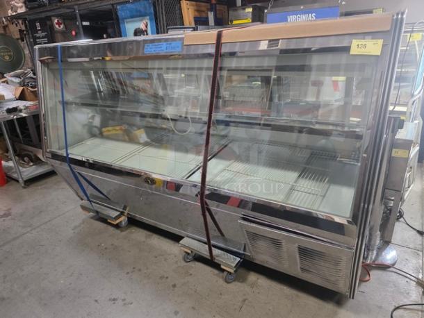 Marc Refrigeration 94" self-contained butcher meat display. Stainless steel, glass front, dual shelving, excellent condition.