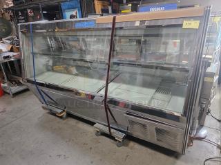 Marc Refrigeration 94" self-contained butcher meat display. Stainless steel, glass front, dual shelving, excellent condition.