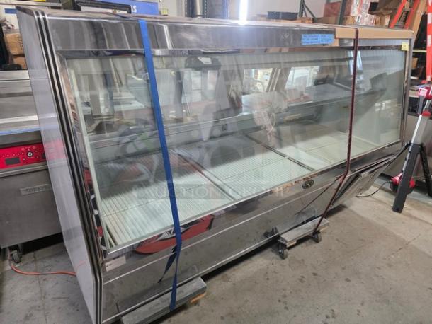 Marc Refrigeration 94" self-contained butcher meat display case in stainless steel, glass-front, lightly used condition.